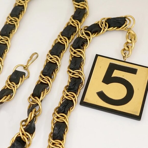 CHANEL No.5 Square Leather Necklace 39" Gold Tone 26 Auth w/BOX v1377 - Picture 4 of 6